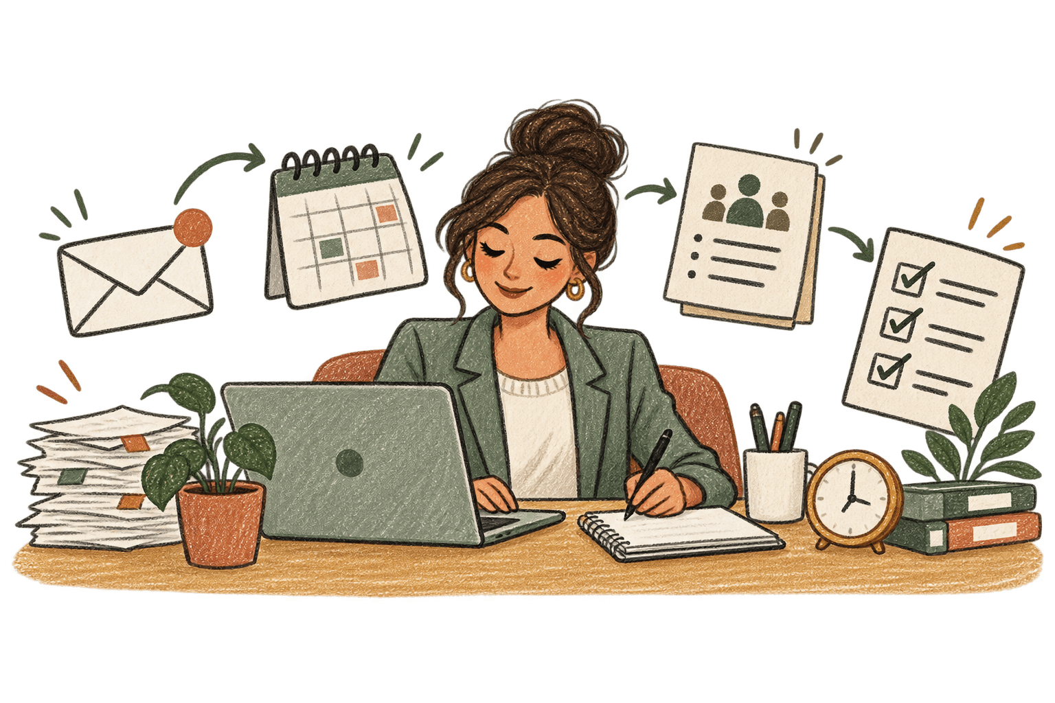 Hand-drawn administrative assistant organizing emails, calendars and checklists
