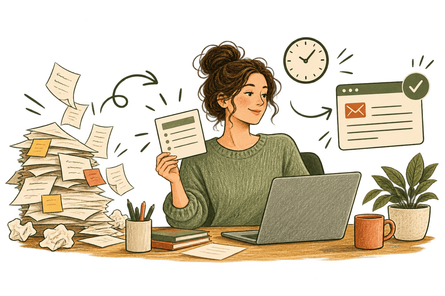 Hand-drawn professional organizing client communication and task notes